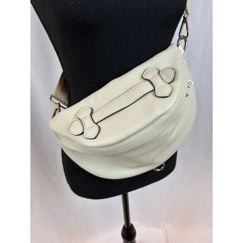 Cream Pebbled Faux Leather Crescent Sling Bag Crossbody Belt Bag Gold Hardware